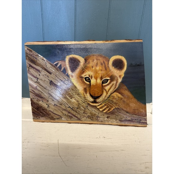 Vtg Lion Cub Portrait Original On Tree Bark Wall Art Decor Signed Wm. Stephan MD